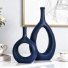 Navy Blue Ceramic Hollow Elliptical Vase Set of 2 - Boho Circle Vase with Hole, for Modern Navy Blue Table Decor