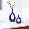 Navy Blue Ceramic Hollow Elliptical Vase Set of 2 - Boho Circle Vase with Hole, for Modern Navy Blue Table Decor