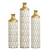 Set of 3 Gold and White Geometric Metal Vases, 31.5/27.17/22.83 Inch Tall Floor Vases for Home Decor