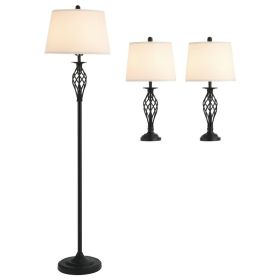 3 Piece Table Floor Lamp Set with Metal Pole, Round Base, and Fabric Lampshade, for Living Room, Black/White (Option: White-520x520x260 mm)